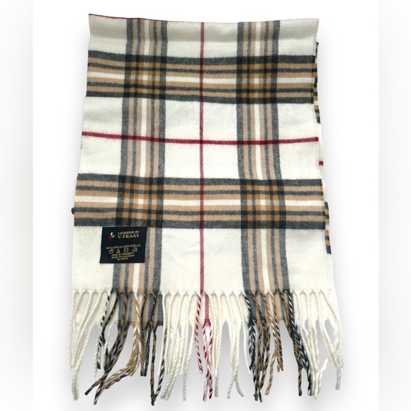 FRAAS CASHMINK Fringe Scarf Unisex Men & Women Plaid Cream Black Red Tan 11x59 - Picture 3 of 9